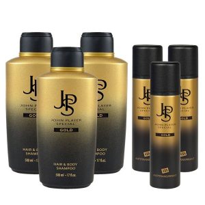 John Player Special GOLD Hair & Body Shampoo 3x500 ml + Deo Spray 3x150 ml